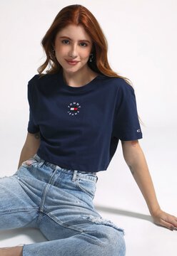 Camiseta Cropped Tommy Jeans Logo Azul-Marinho