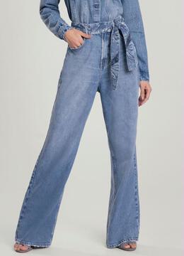 Lunender - Calça Jeans Wide Leg com Cinto Bordado