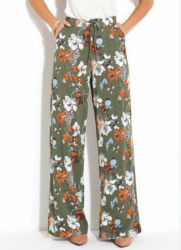 Quintess - Calça Pantalona Floral Verde Cintura Alta