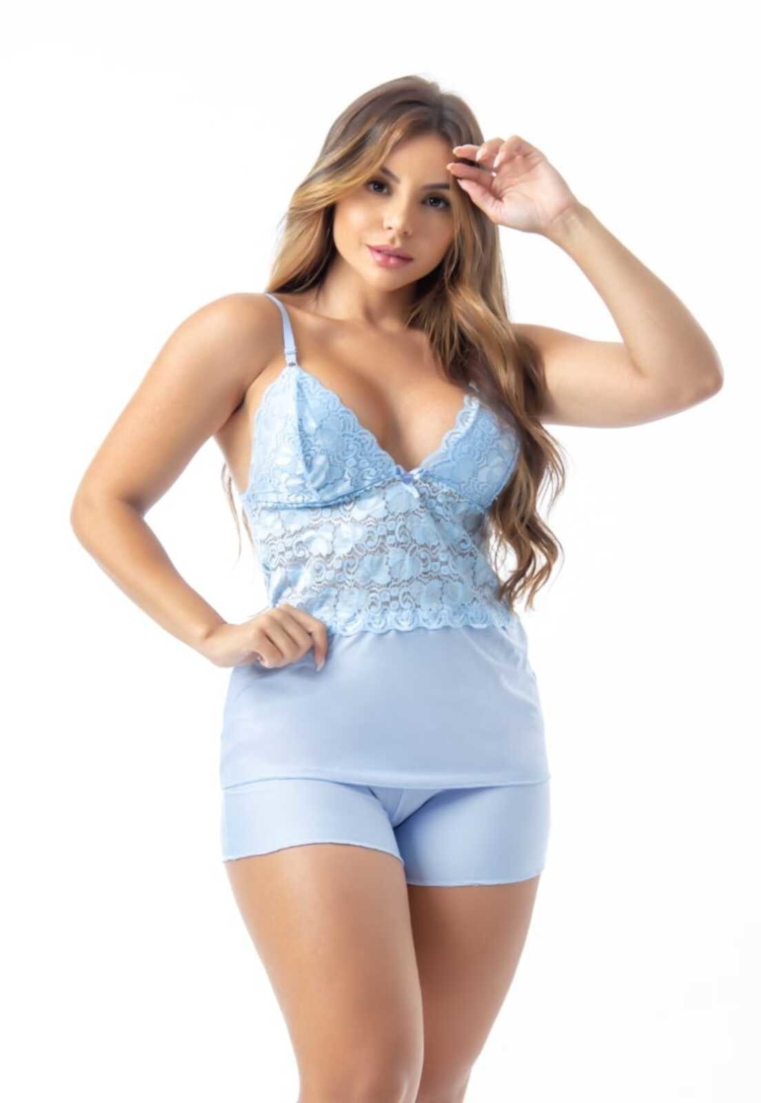 Short Doll Verão Curto Renda Sofisticado Pijama Sexy Feminino linha Noite Feminina Azul Claro 302