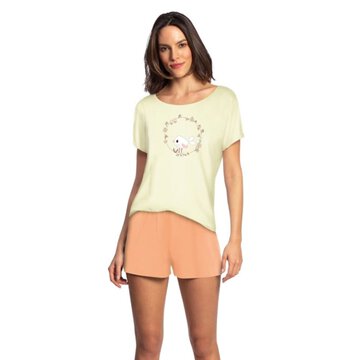 Pijama Feminino Lupo De Verão Camiseta Estampada Passarinho Short Doll Em Algodão Confortável