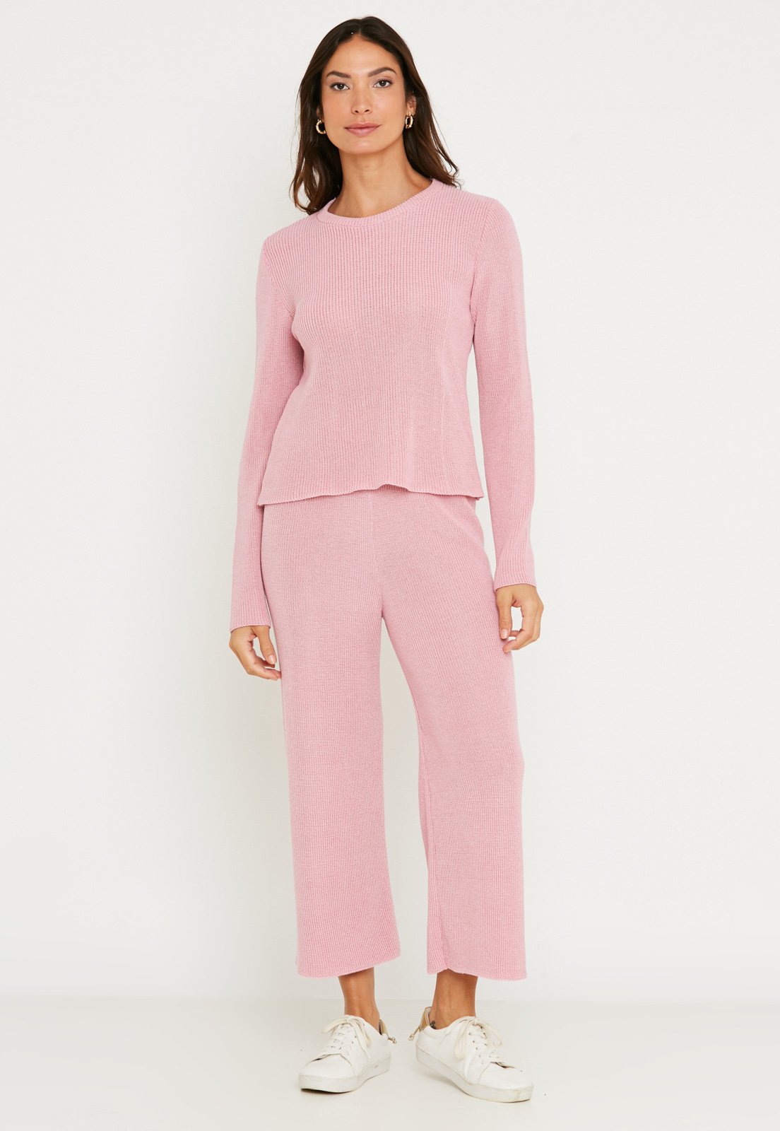 Conjunto de tricot calça pantalona e blusa manga longa - Rosa