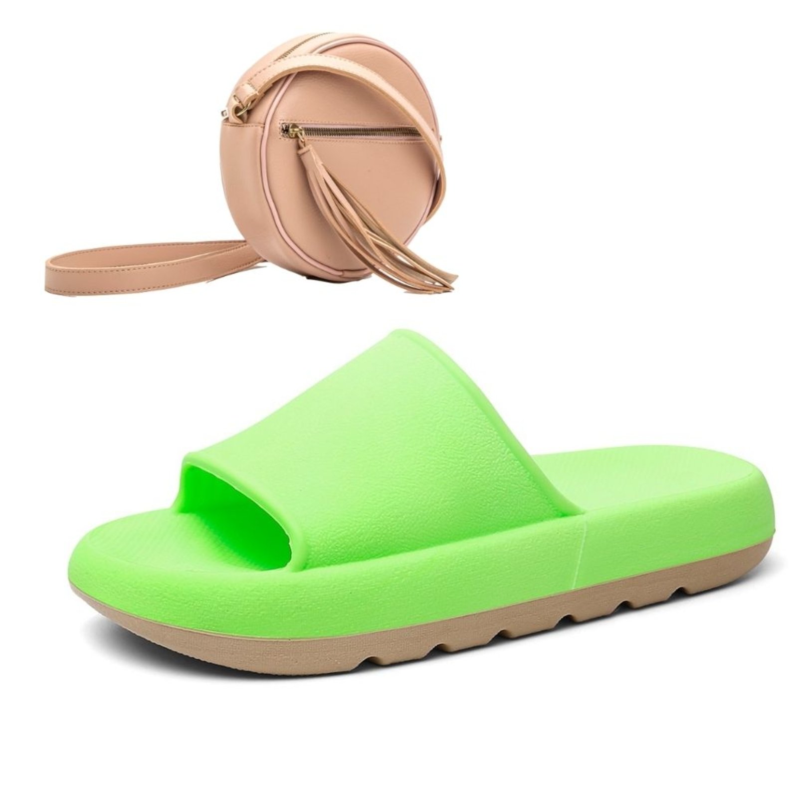 Chinelo Nuvem Slide Mr Shoes Confortavel Lemon   Bolsa Tiracolo Nude