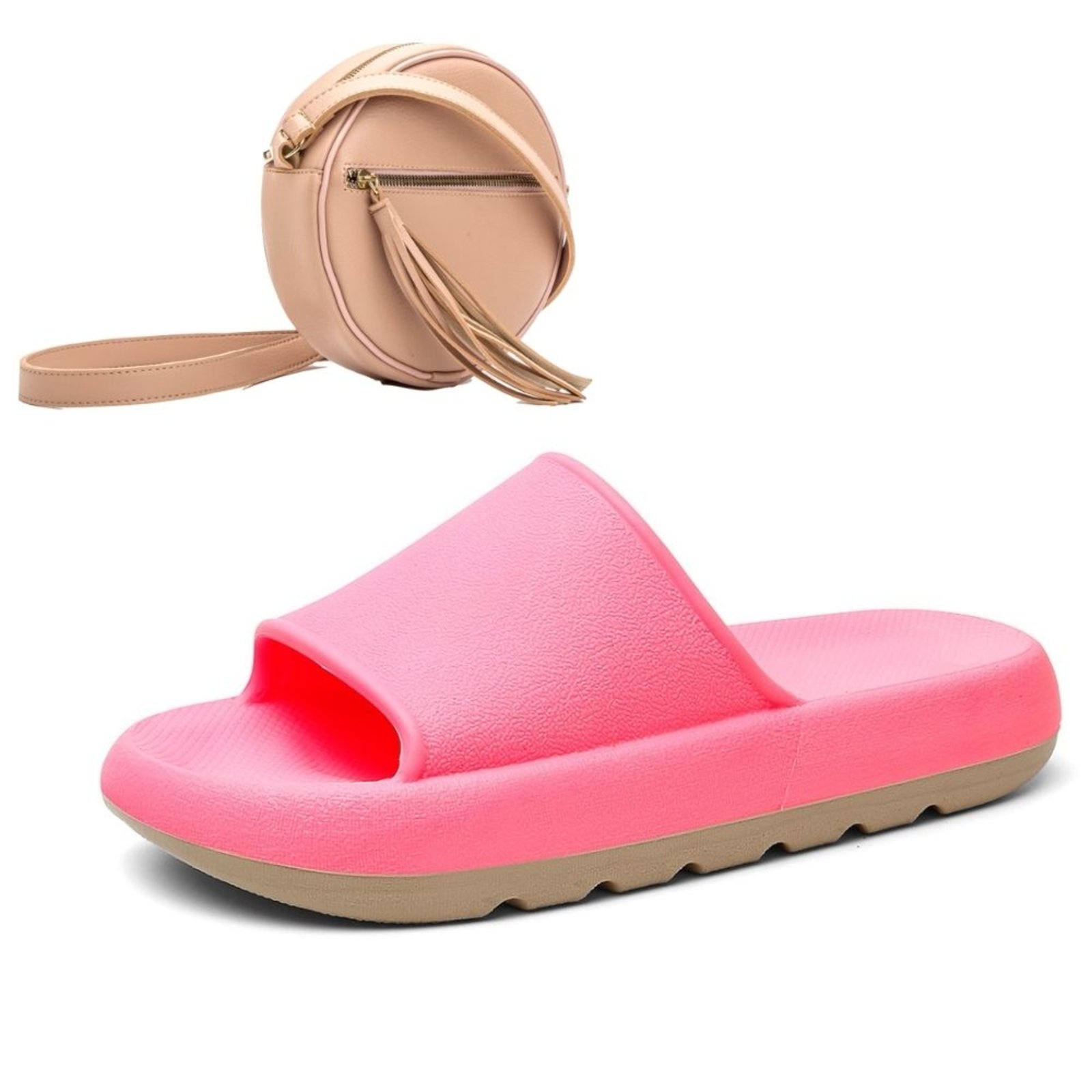 Chinelo Nuvem Slide Mr Shoes Confortavel Rosa   Bolsa Tiracolo Nude