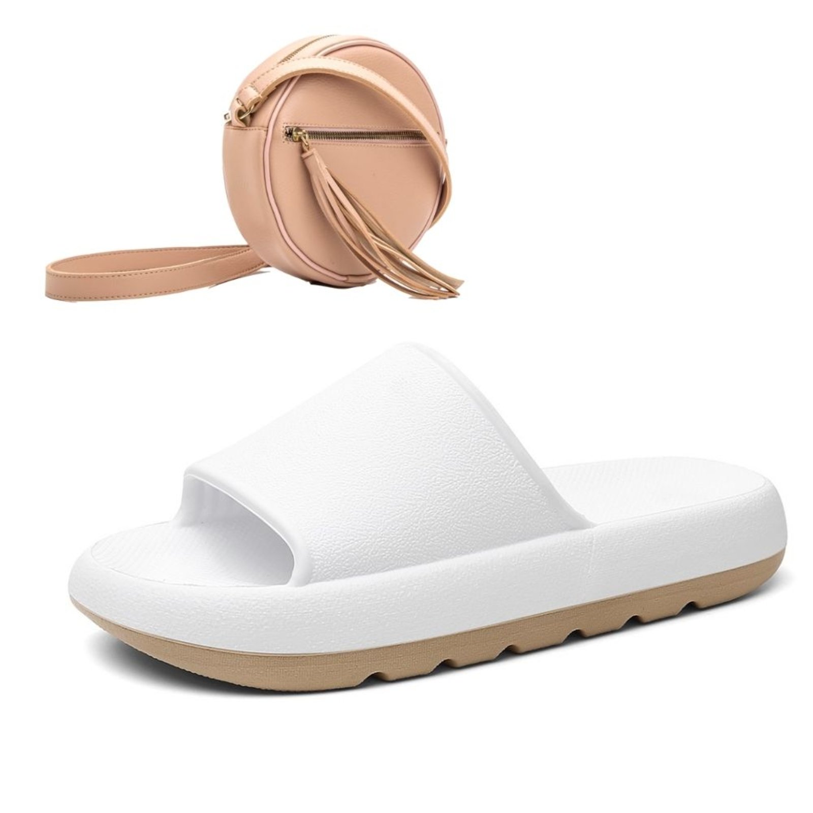 Chinelo Nuvem Slide Mr Shoes Confortavel Branco   Bolsa Tiracolo Nude