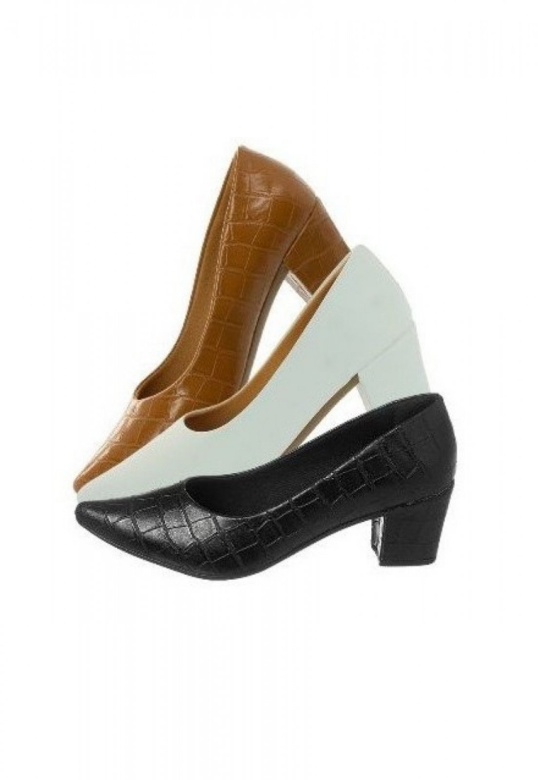 kit 3 Sapatos Scarpin feminino Bico Fino Salto Grosso Conforto preto croco, caramelo croco e branco