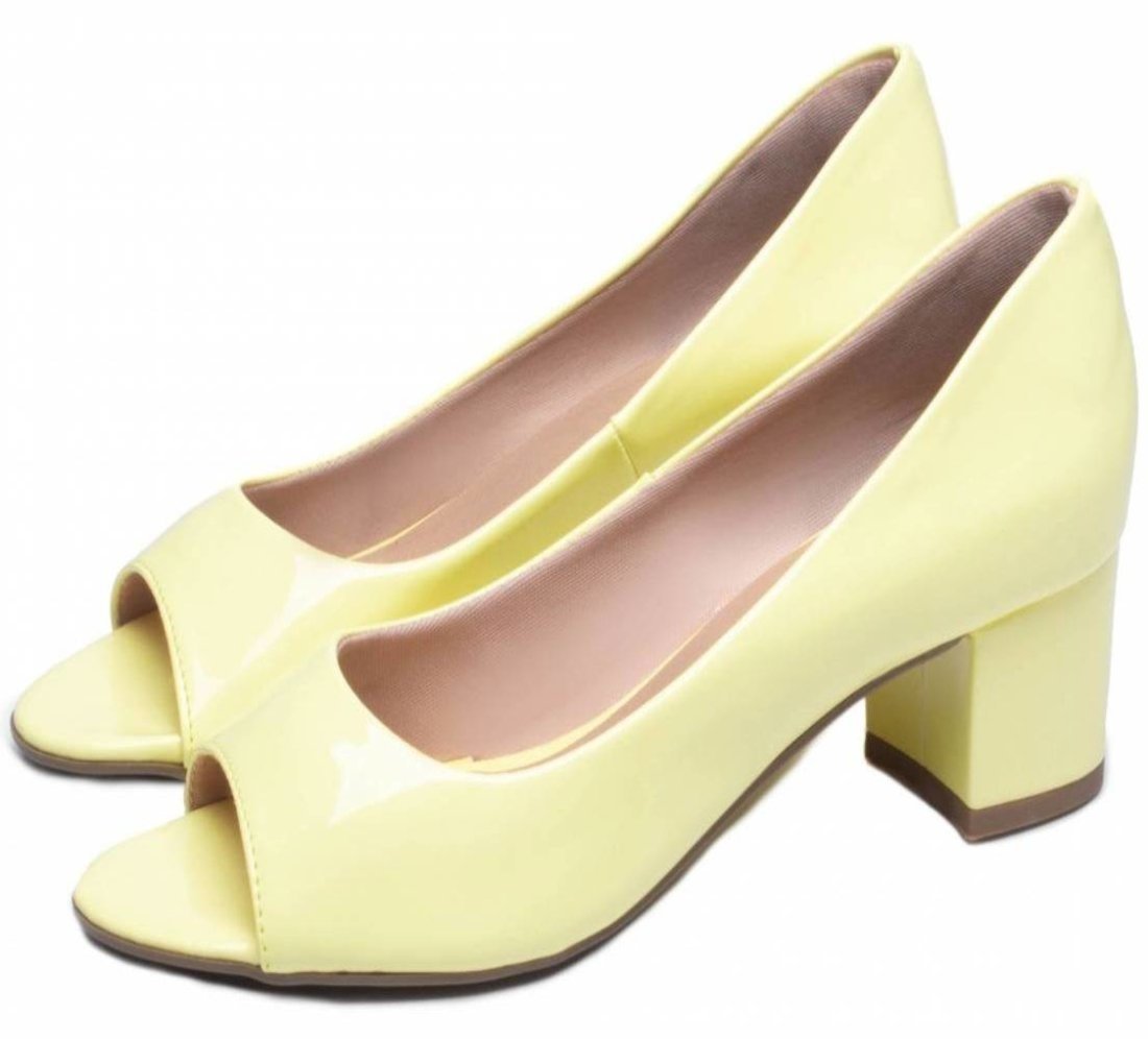 Peep Toe Sapato Feminino Salto Baixo Grosso Verniz Amarelo
